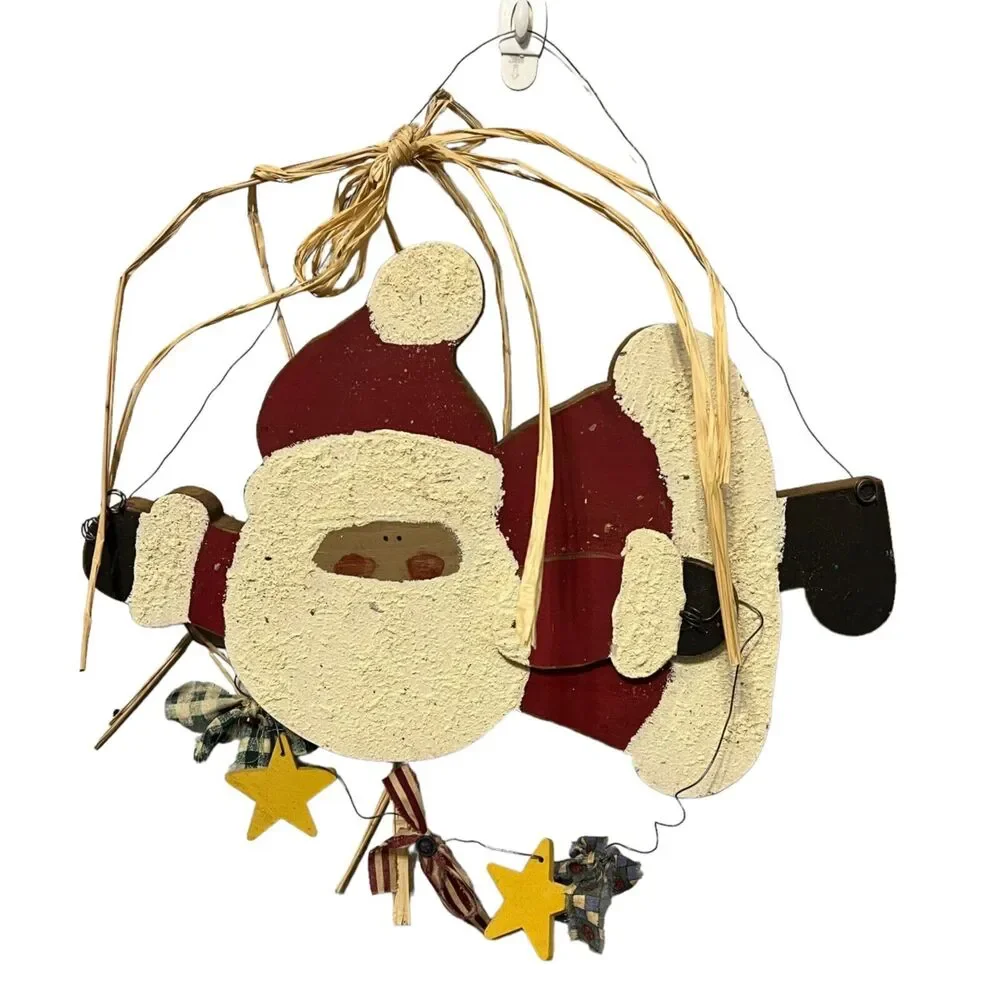 Christmas Decor Rustic Festive Flying Santa Clause Holiday Wall Hanging